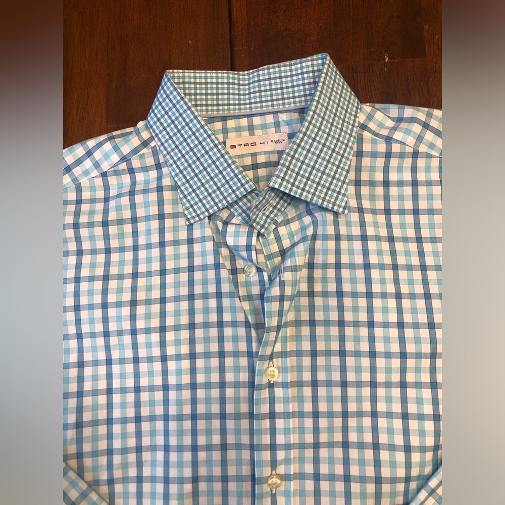 Etro men’s dress shirt size 41 blue plaid Made in Italy preppy designer luxury